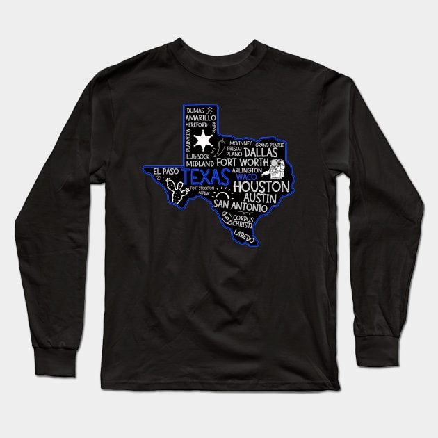 Waco Texas cute map Houston San Antonio Dallas Austin Fort Worth El Paso Long Sleeve T-Shirt by BoogieCreates